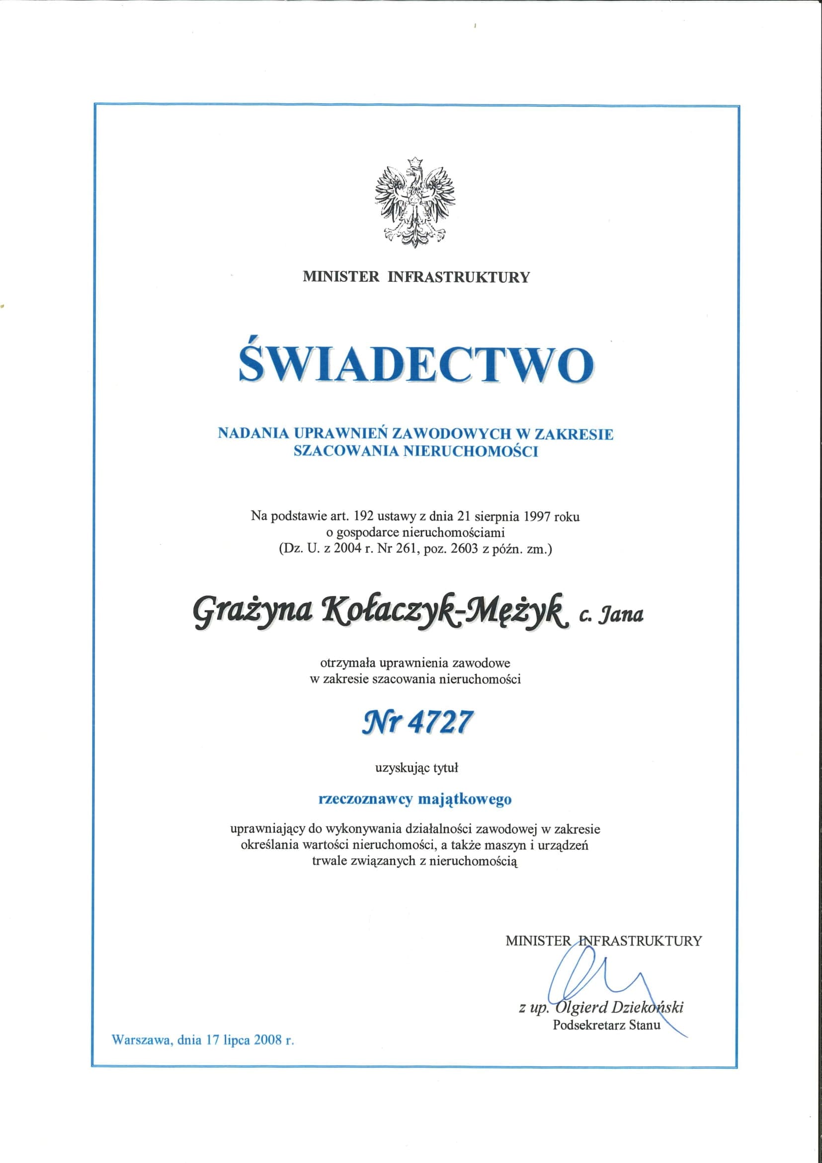 Nadanie uprawnień zawodowych w zakresie szacowania nieruchomości.