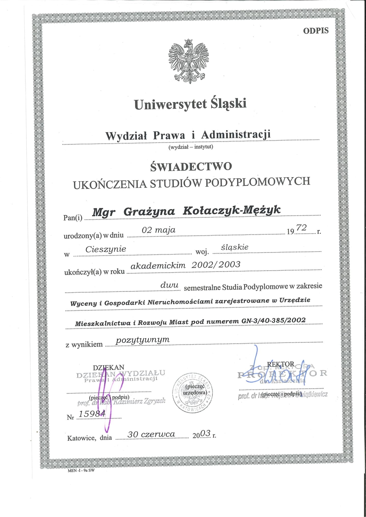 Świadectwo ukończenia studiów podyplomowych.